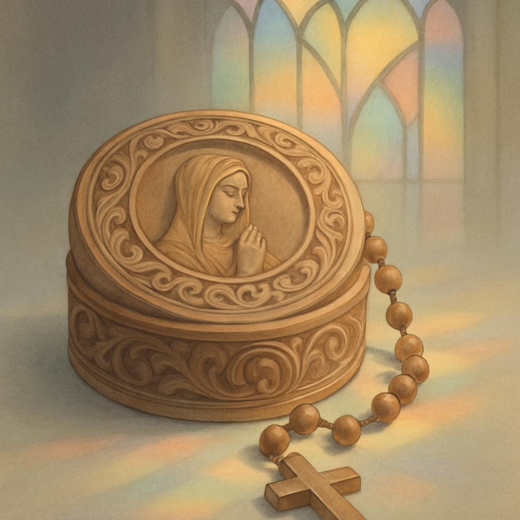 A round trinket box featuring the Virgin Mary in prayer with a rosary on top of it.