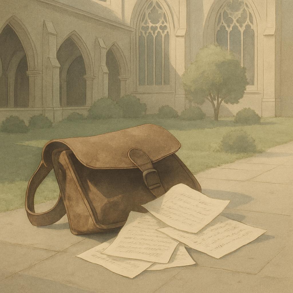 A sepia-toned scene of a leather satchel with papers spilling out on a stone path in front of a gothic building.